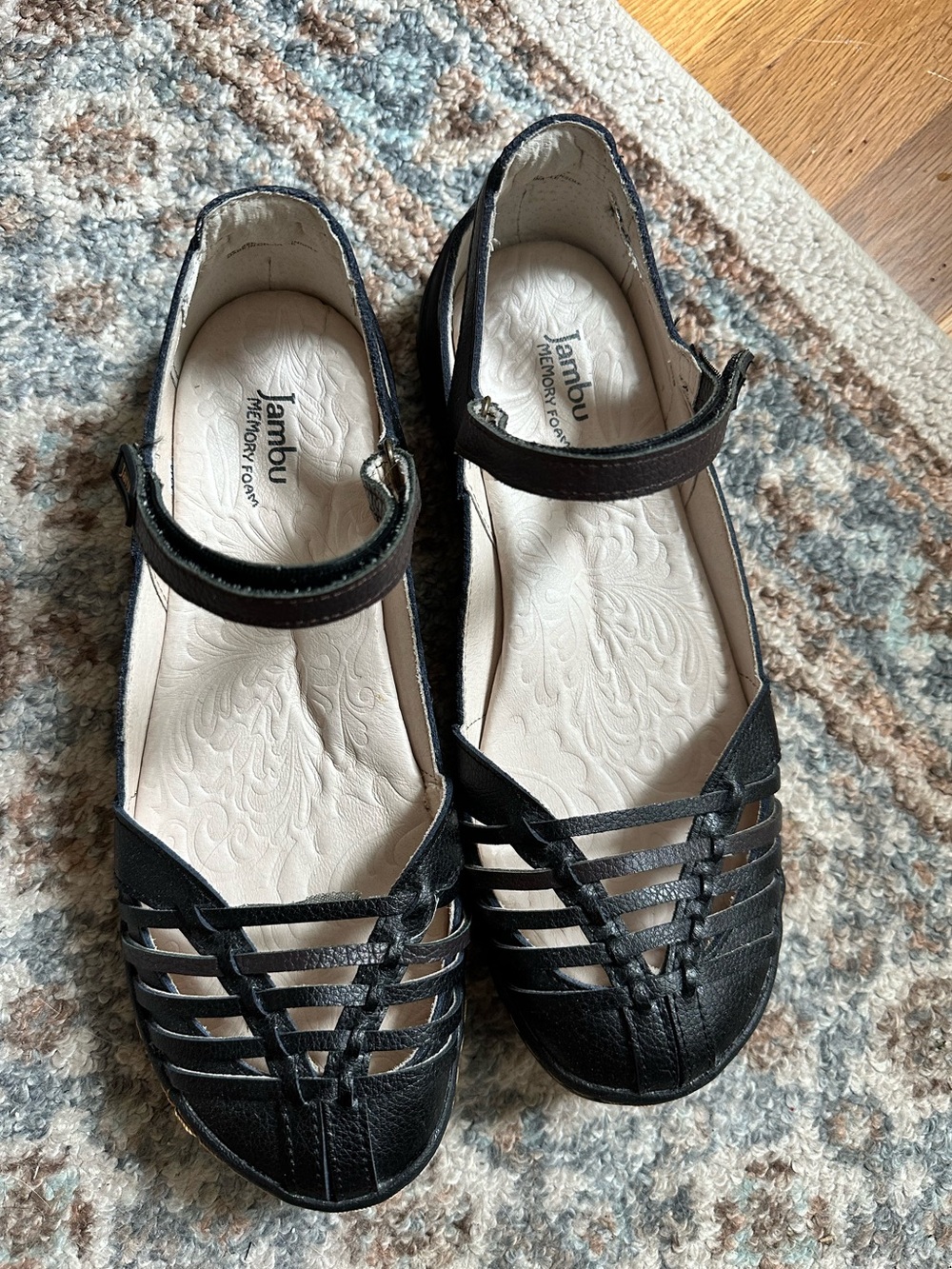 Jambu Black Caged Mary Jane Flats with Ankle Strap Bel Air Leather Size 9